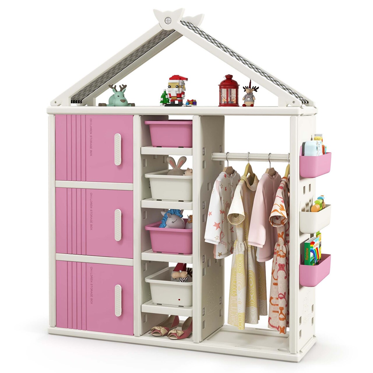 Costway Kids Costume Storage Closet Children Pretend Dresser with Storage Bins Shelves Grey/Pink/White
